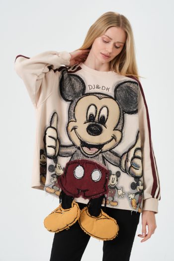 Vintage Tarzı Mickey Mouse Baskılı ve Nakışlı (3D) Rahat Kesim Sweatshirtı