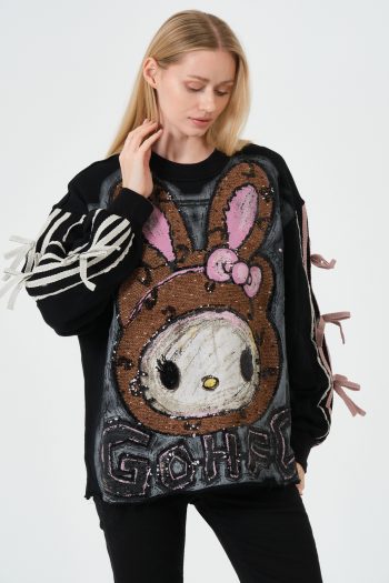 My Melody Tasarımlı Payetli ve Bağcık Detaylı Siyah Sweatshirt | Gotik Oversize Street Style