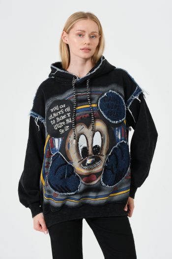 Lacivert Oversize Çizgi Karakter Baskılı Hoodie – Yırtık Detaylı Kapüşonlu Sweatshirt