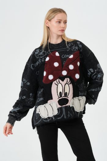 Kadın Oversize Minnie Mouse Baskılı Sweatshirt – Siyah Vintage Model
